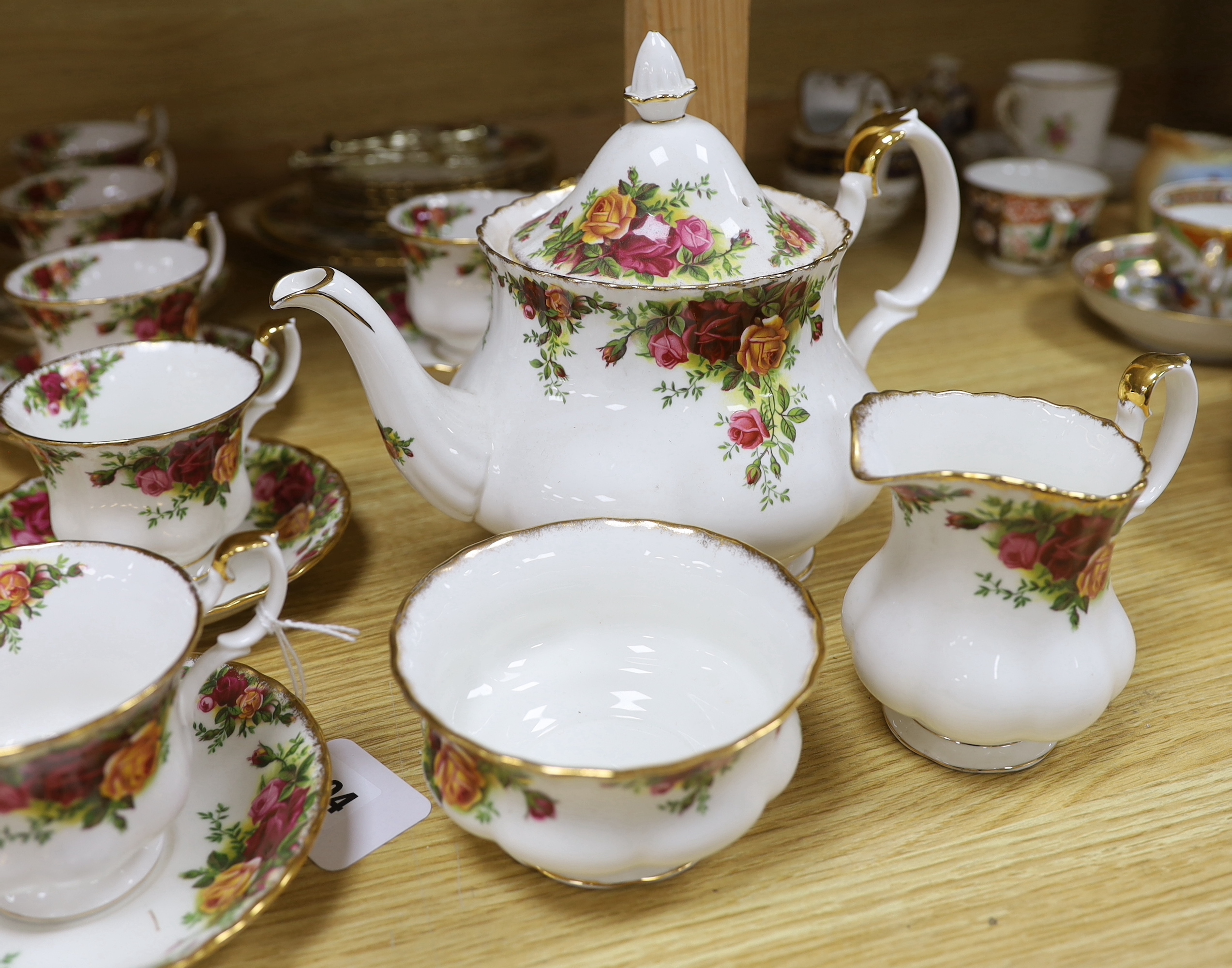 Royal Albert Old Country Roses part tea set including six trios, teapot milk jug and sugar bowl, largest 26cm wide